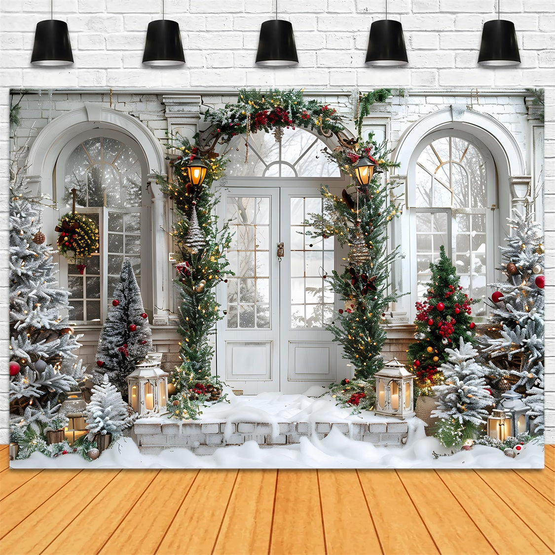 Weihnachten Grand Arched Entrance Wreaths Hintergrund RR7-699