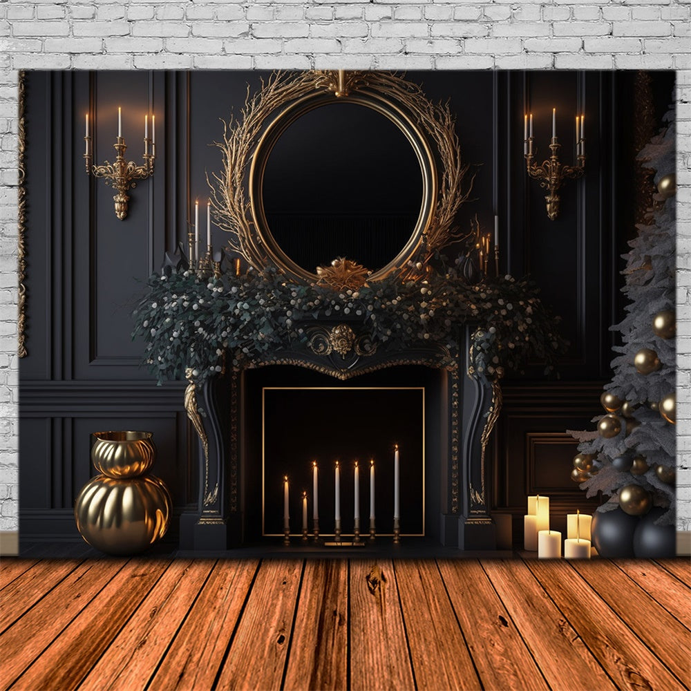 Schwarze Wand Kamin Weihnachtsbaum Hintergrund RR7-713