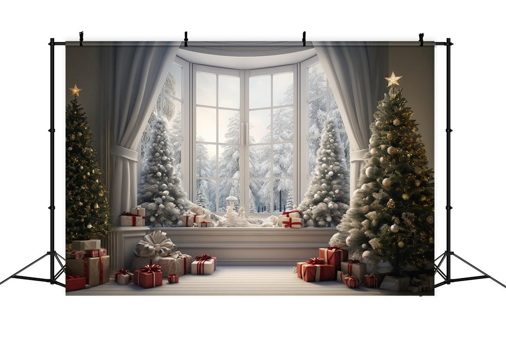 Weihnachtliches Fenster mit verschneiter Baumhintergrund RR7-728