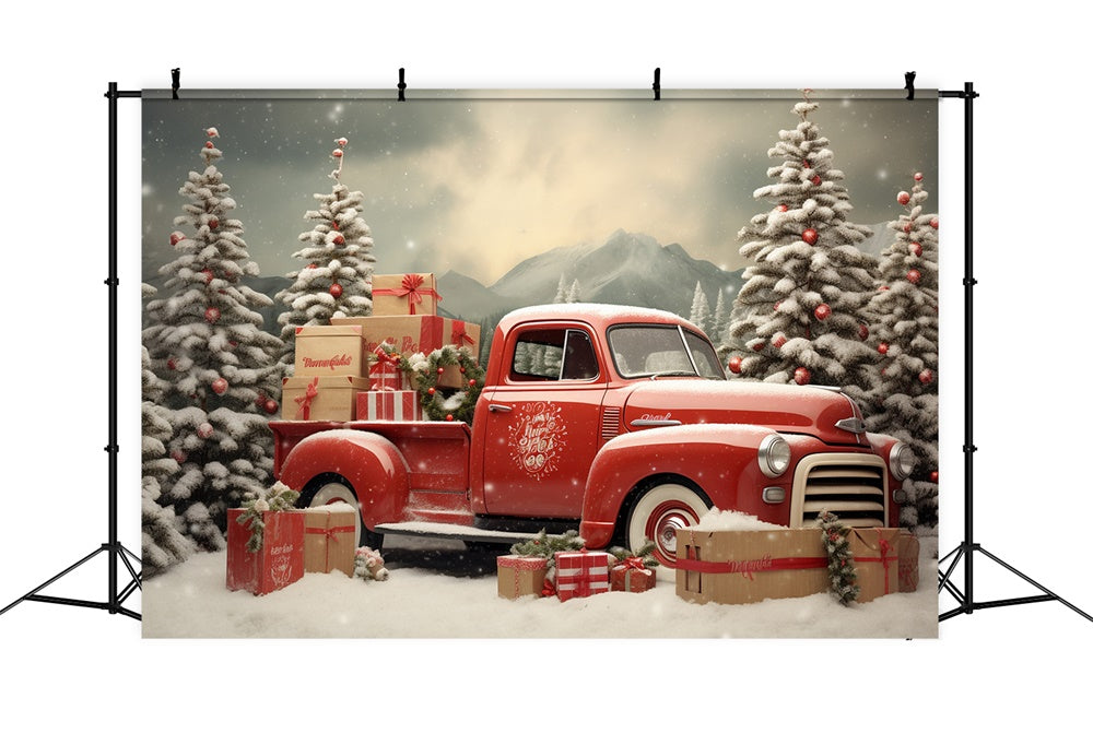 Verschneiter Weihnachtsbaum Roter LKW Hintergrund RR7-739