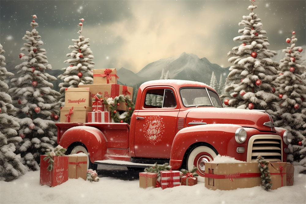 Verschneiter Weihnachtsbaum Roter LKW Hintergrund RR7-739