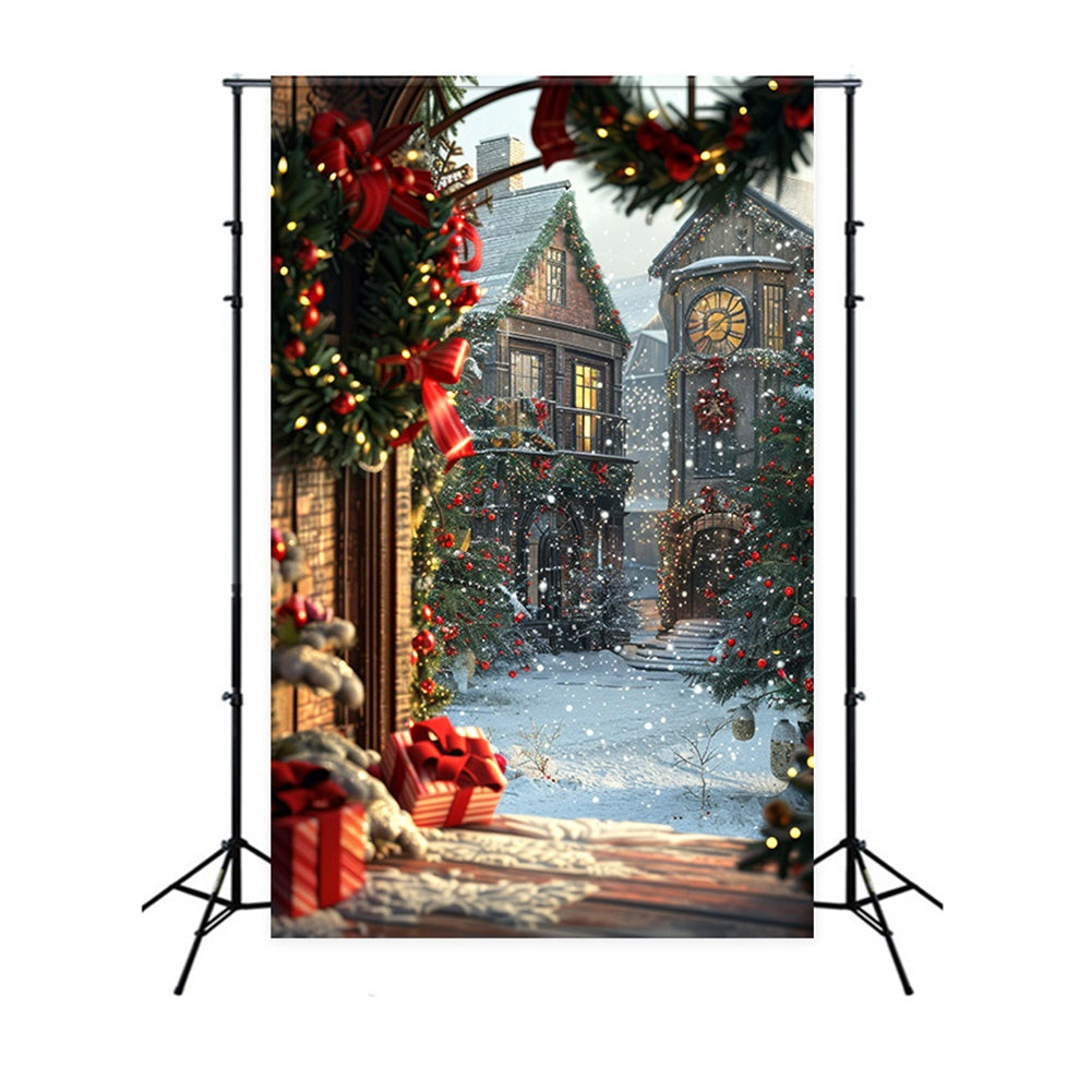 Weihnachtsbaumkranz Haus Schnee Hintergrund RR7-784