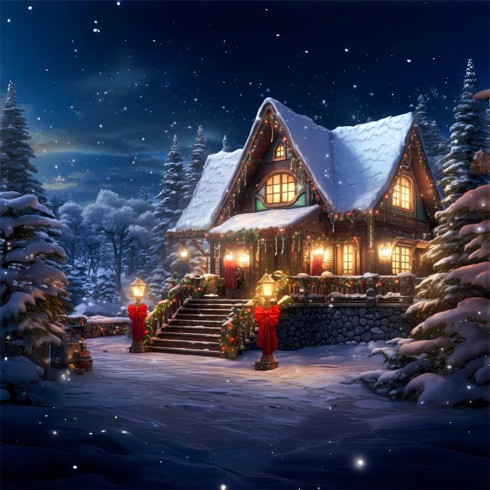 Wald verschneites Haus Lichter Weihnachten Hintergrund RR7-813