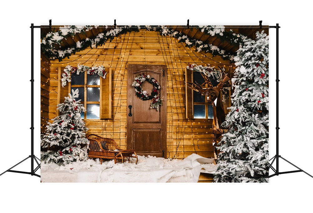 Schnee Weihnachtsbaum Holzhaus Hintergrund RR7-826