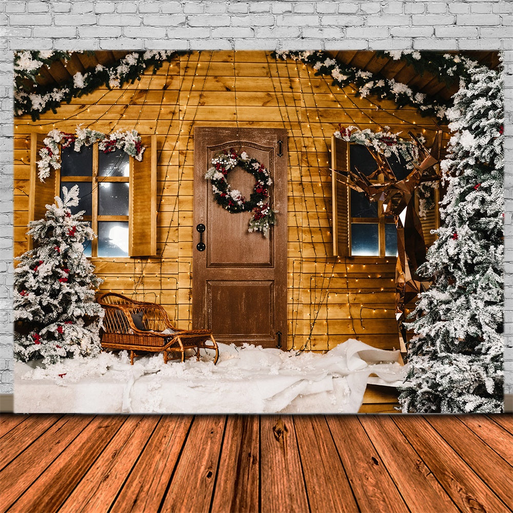 Schnee Weihnachtsbaum Holzhaus Hintergrund RR7-826