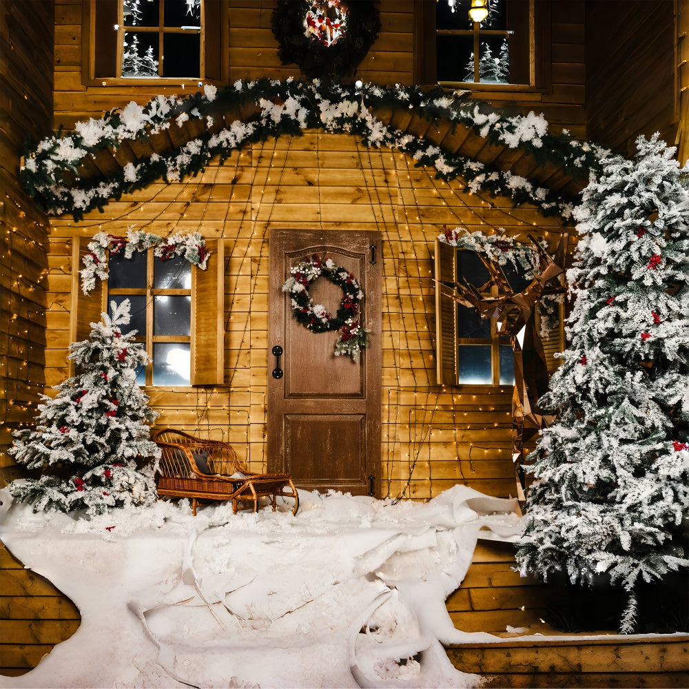 Schnee Weihnachtsbaum Holzhaus Hintergrund RR7-826