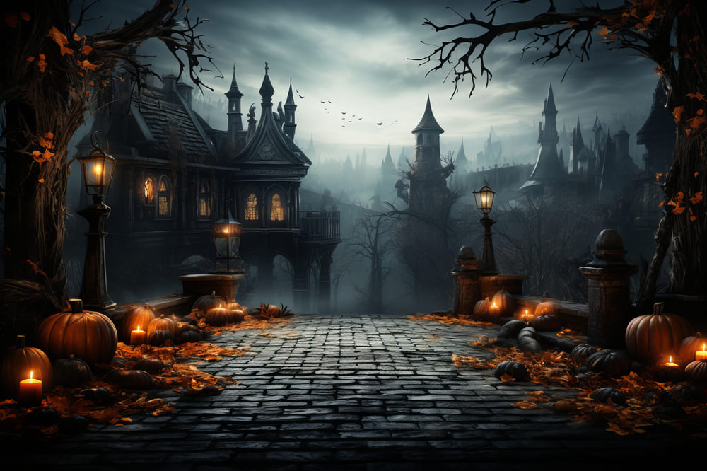 Halloween Gruseliges Schloss Kürbislaternen Hintergrund RR7-83