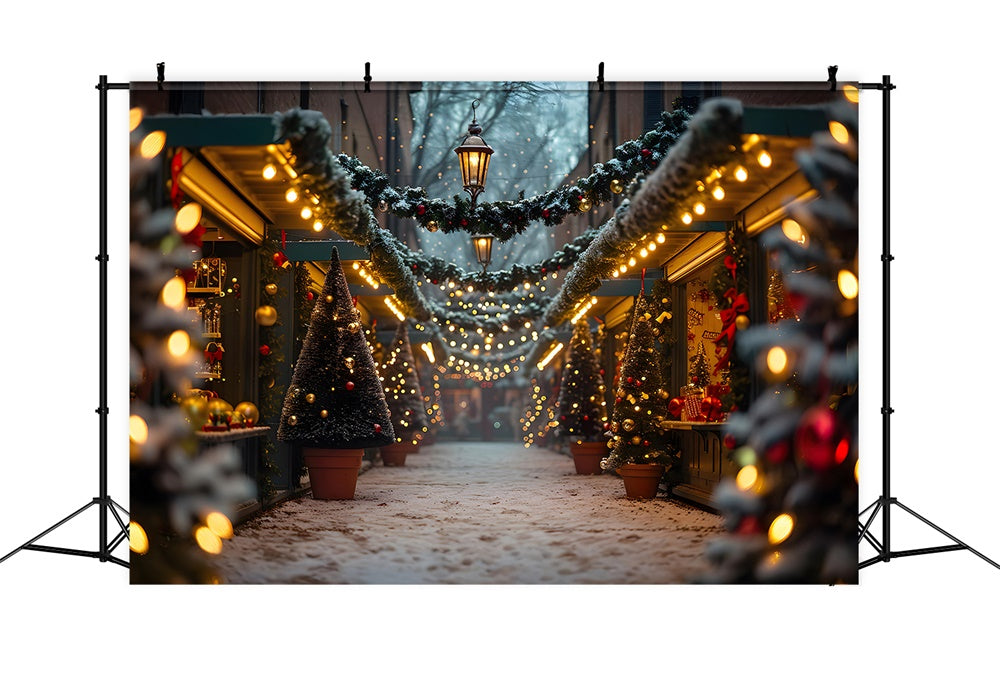 Glühender Weihnachtsbaum Verschneite Straße Hintergrund RR7-858