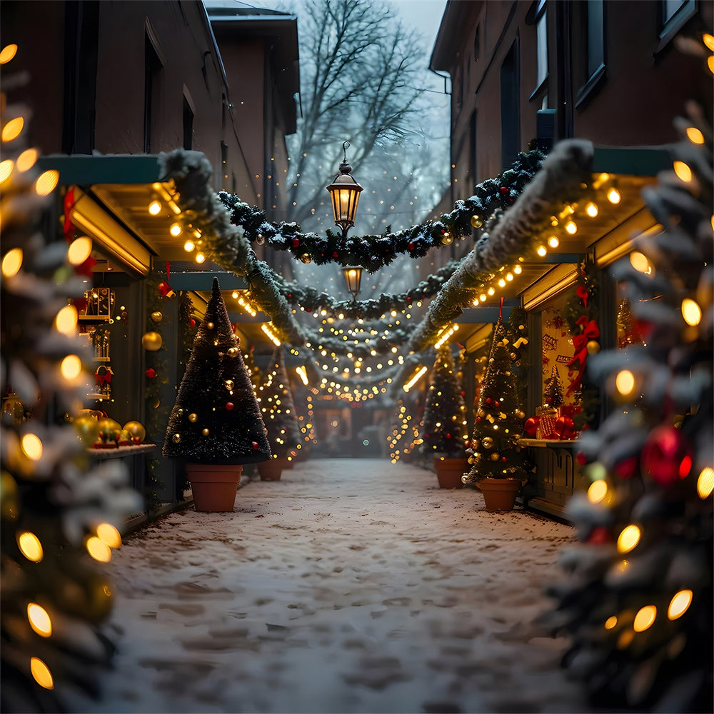 Glühender Weihnachtsbaum Verschneite Straße Hintergrund RR7-858