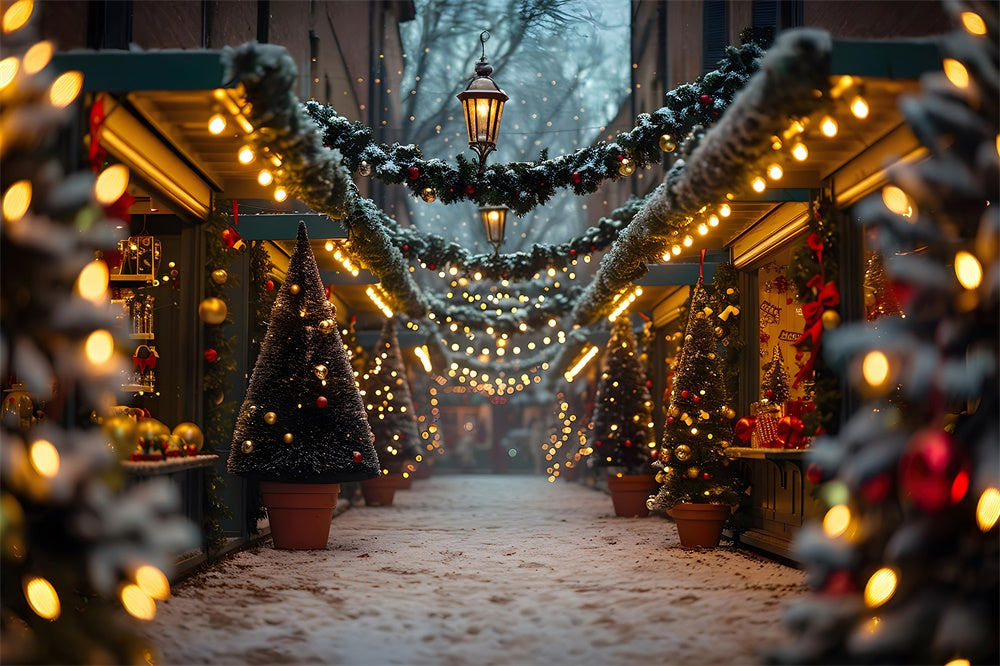 Glühender Weihnachtsbaum Verschneite Straße Hintergrund RR7-858