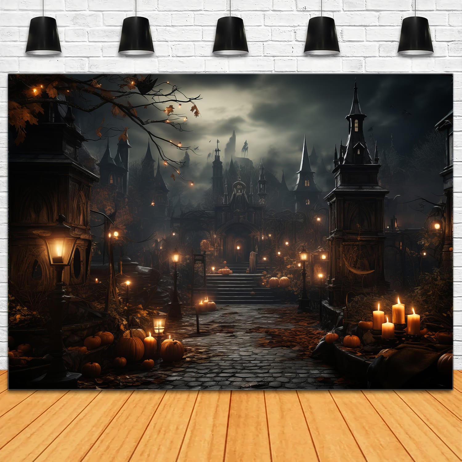 Halloween Gothic Schloss Kerzen Kürbisse Hintergrund RR7-91