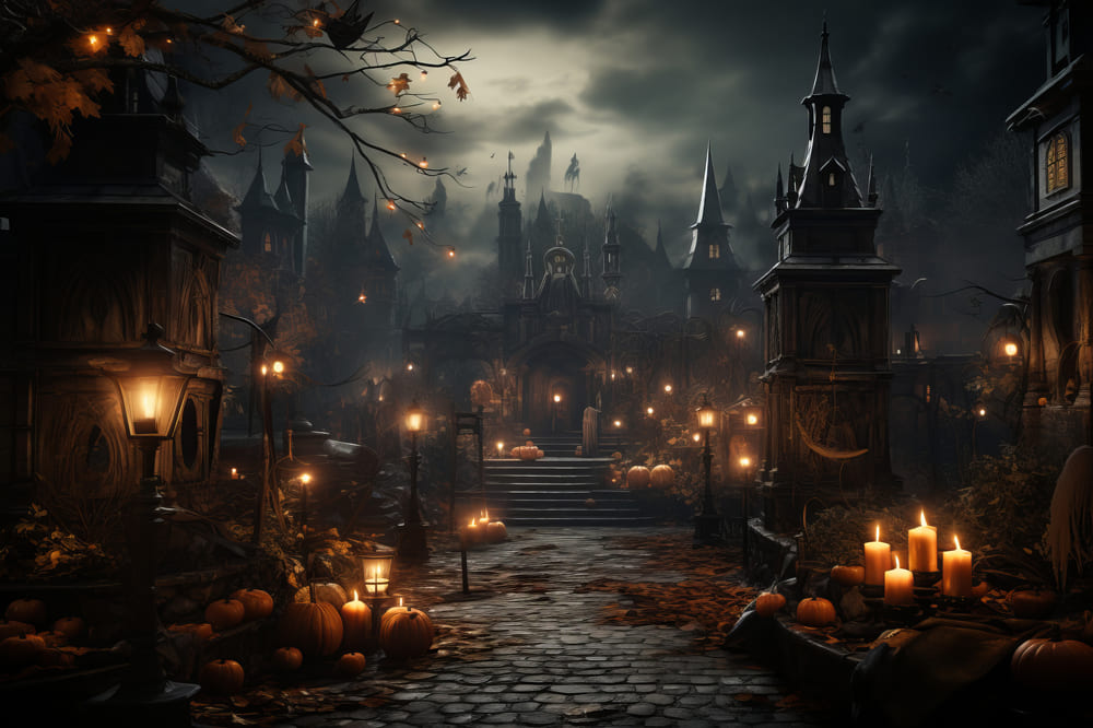 Halloween Gothic Schloss Kerzen Kürbisse Hintergrund RR7-91