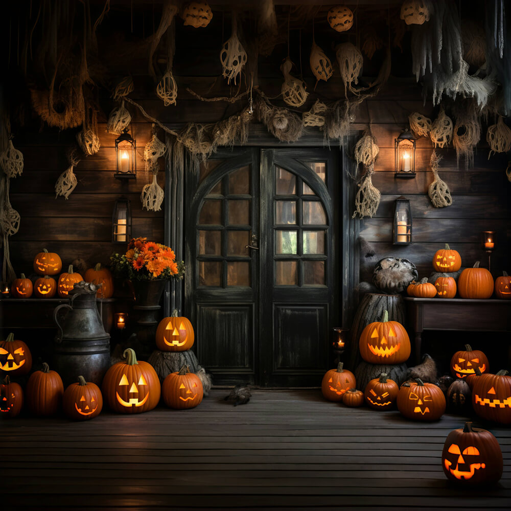 Holzhaus Halloween Kürbisse Fotokulisse RR7-99