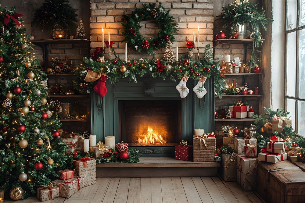 Weihnachtsbaum Grüner Kamin Kranz Backdrop RR8-113