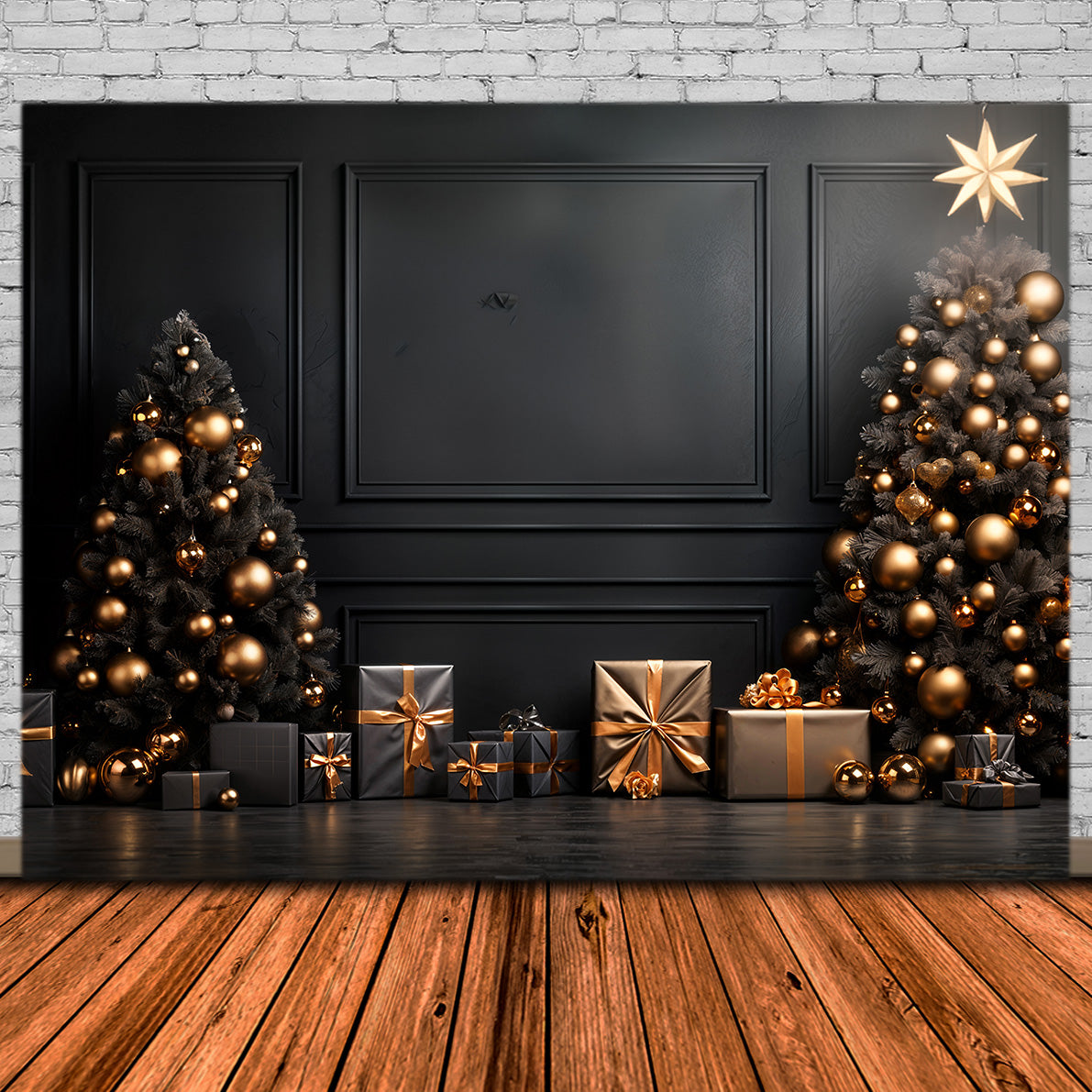 Weihnachten Schwarz und Gold Ornament Bäume Backdrop RR8-132