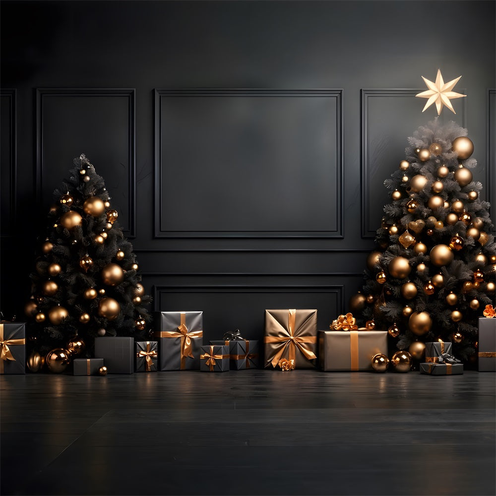 Weihnachten Schwarz und Gold Ornament Bäume Backdrop RR8-132