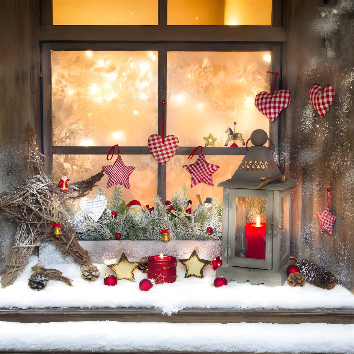 Weihnachten Rustikale Fenster Herz Ornamente Backdrop RR8-138