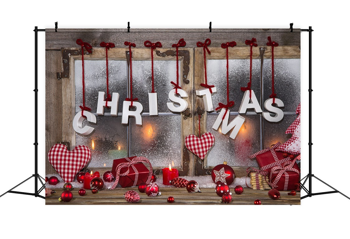 Weihnachtliches Holzfenster mit roten Ornamenten Backdrop RR8-143