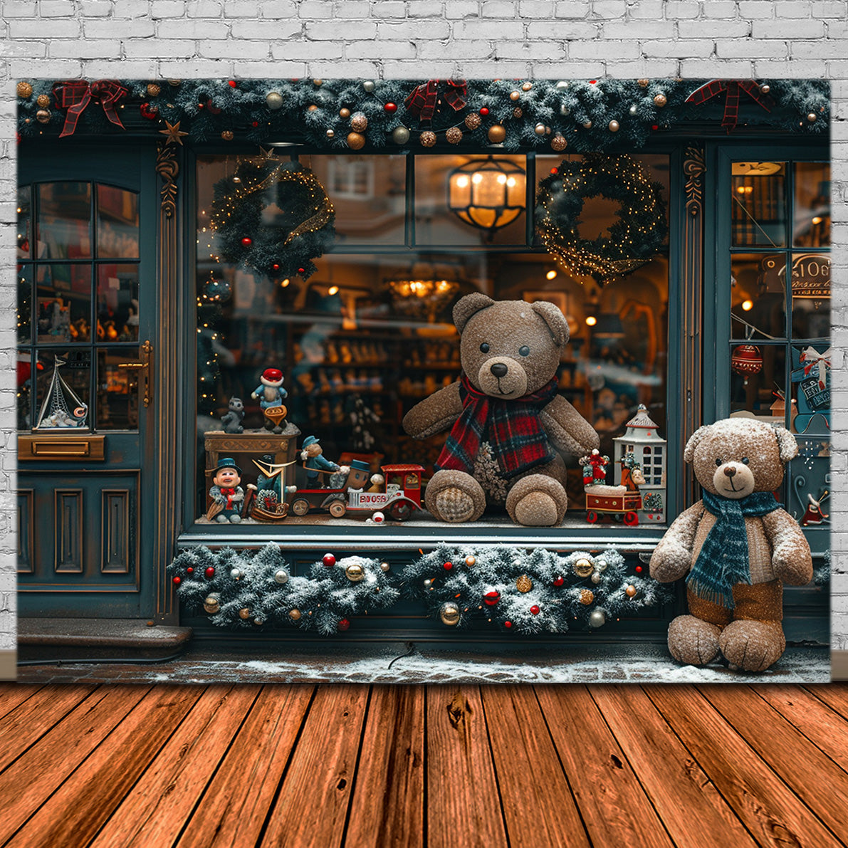 Weihnachtliches Spielzeug-Schaufenster mit Teddybären-Hintergrund RR8-146