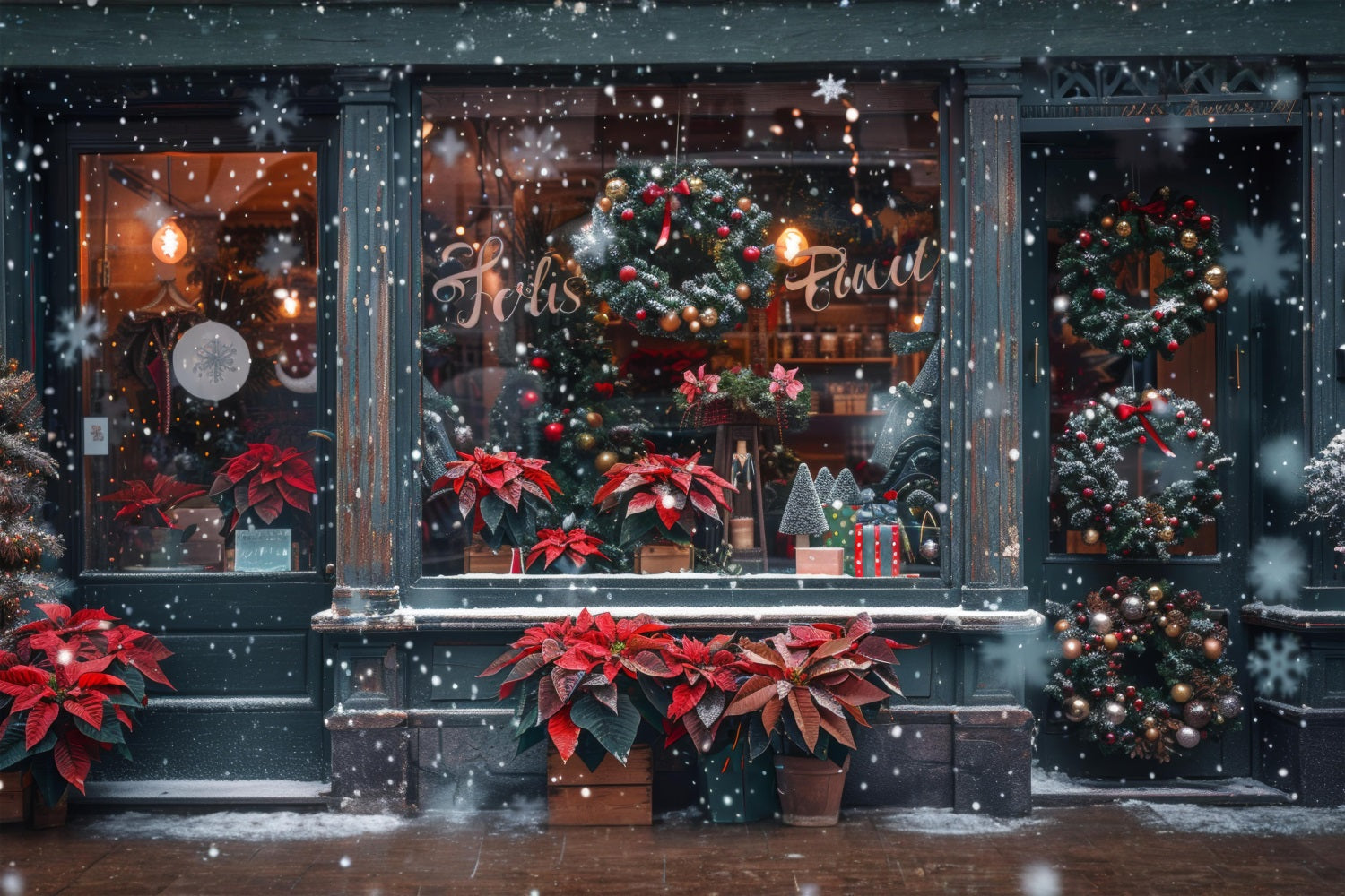 Weihnachts-Poinsettie und Kranz Schaufenster-Hintergrund RR8-148