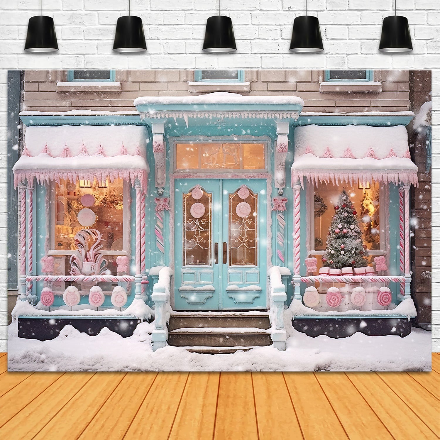 Weihnachtliche verschneite Candyland-Schaufenster-Hintergrundkulisse RR8-149