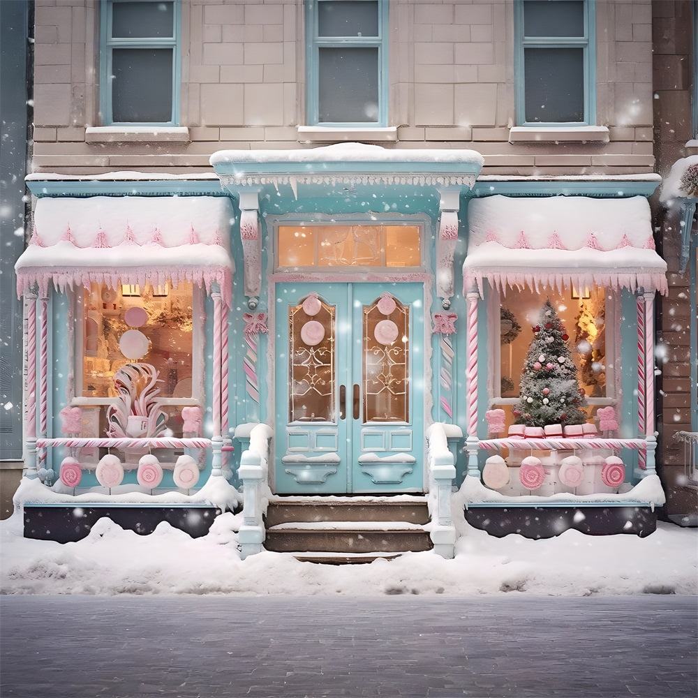 Weihnachtliche verschneite Candyland-Schaufenster-Hintergrundkulisse RR8-149