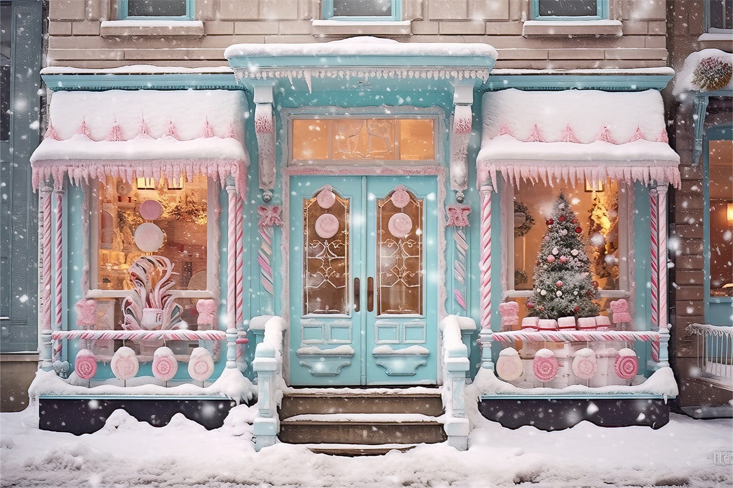 Weihnachtliche verschneite Candyland-Schaufenster-Hintergrundkulisse RR8-149