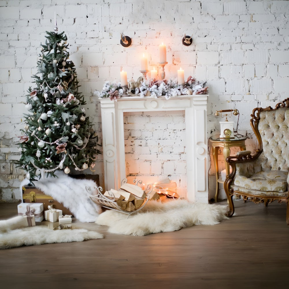 Weihnachten Weiße Backsteinmauer mit Baum und Kamin RR8-163