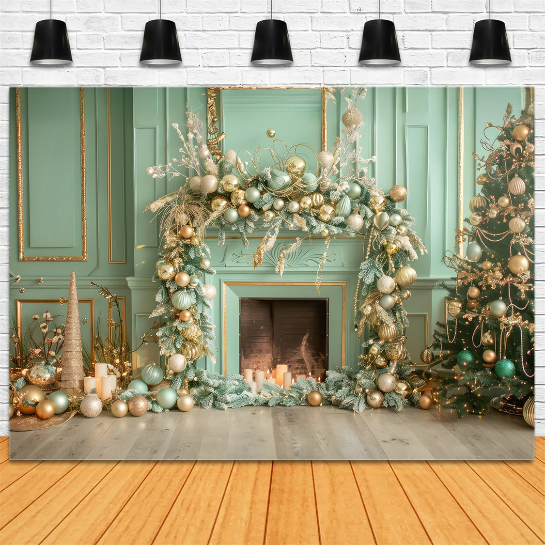 Weihnachten Elegant Grün und Gold Kamin Hintergrund RR8-168