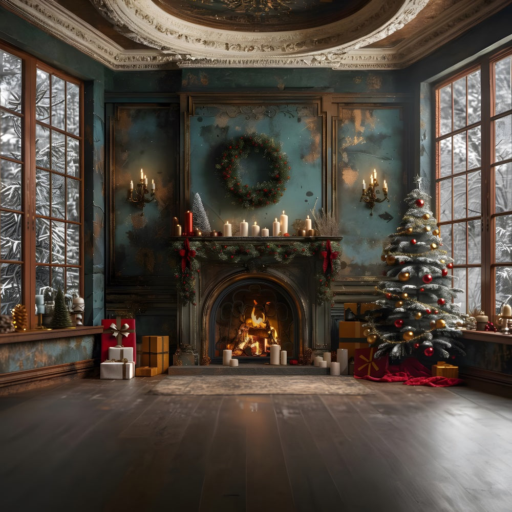 Weihnachten Vintage Gemütlicher Kamin mit Baum Hintergrund RR8-169