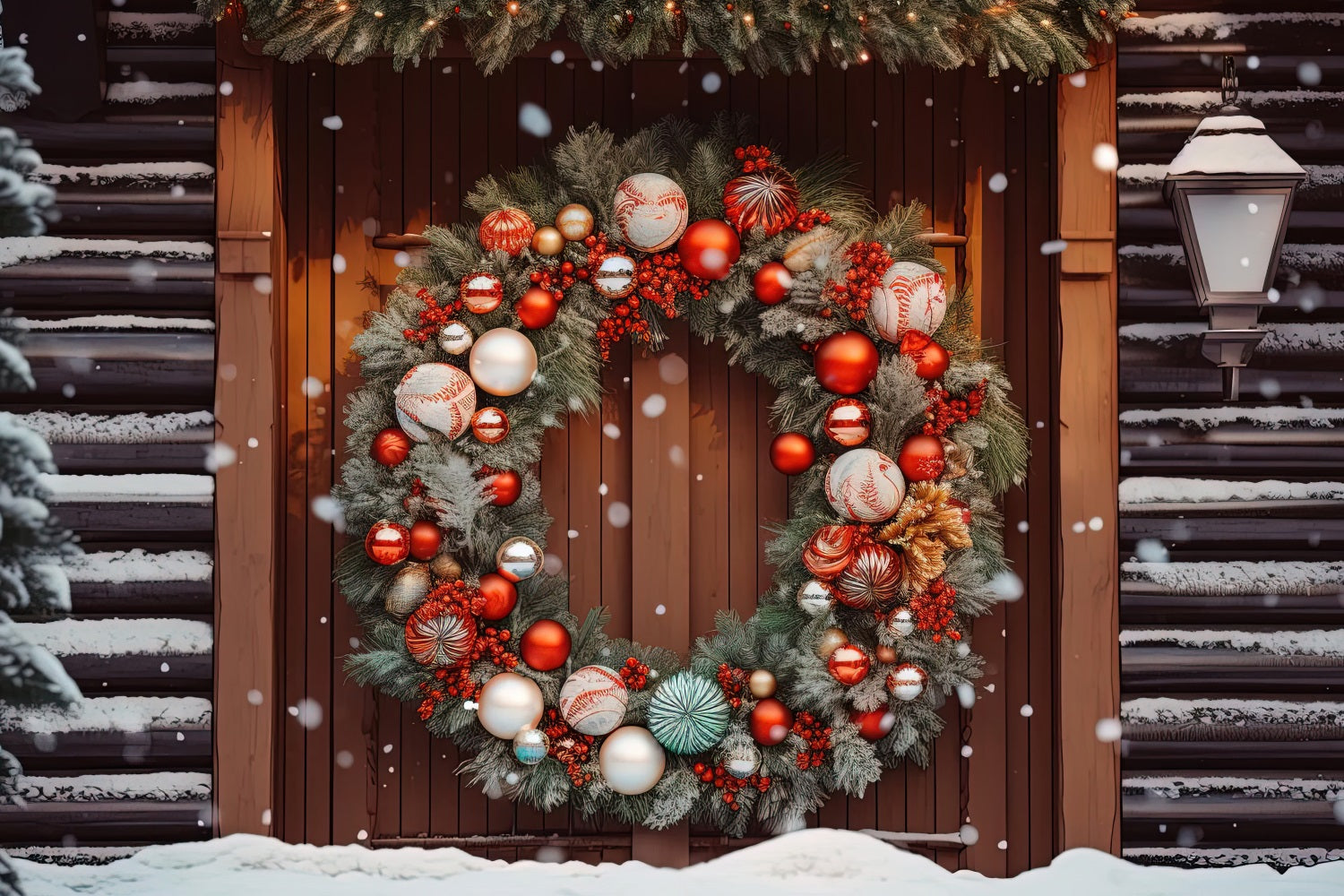 Weihnachten Eleganter Kranz auf Holztür Hintergrund RR8-181