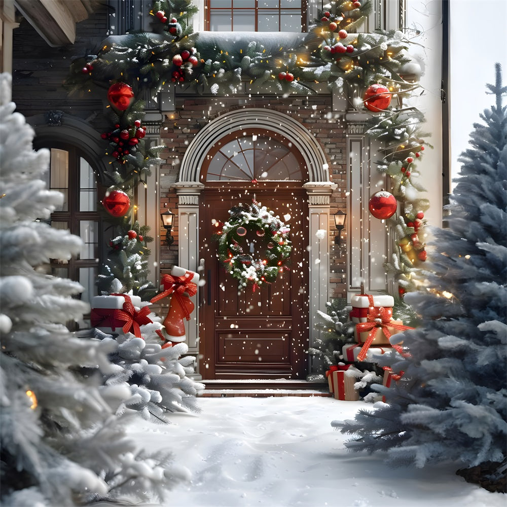 Weihnachten Festlicher Hauseingang mit Geschenken Hintergrund RR8-182