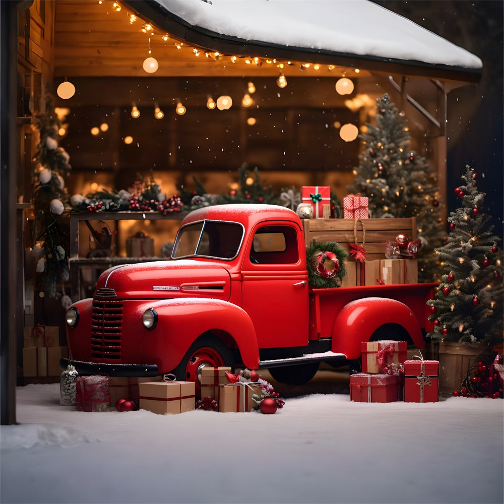 Weihnachtlicher roter Lastwagen im Winterwunderland Hintergrund RR8-249