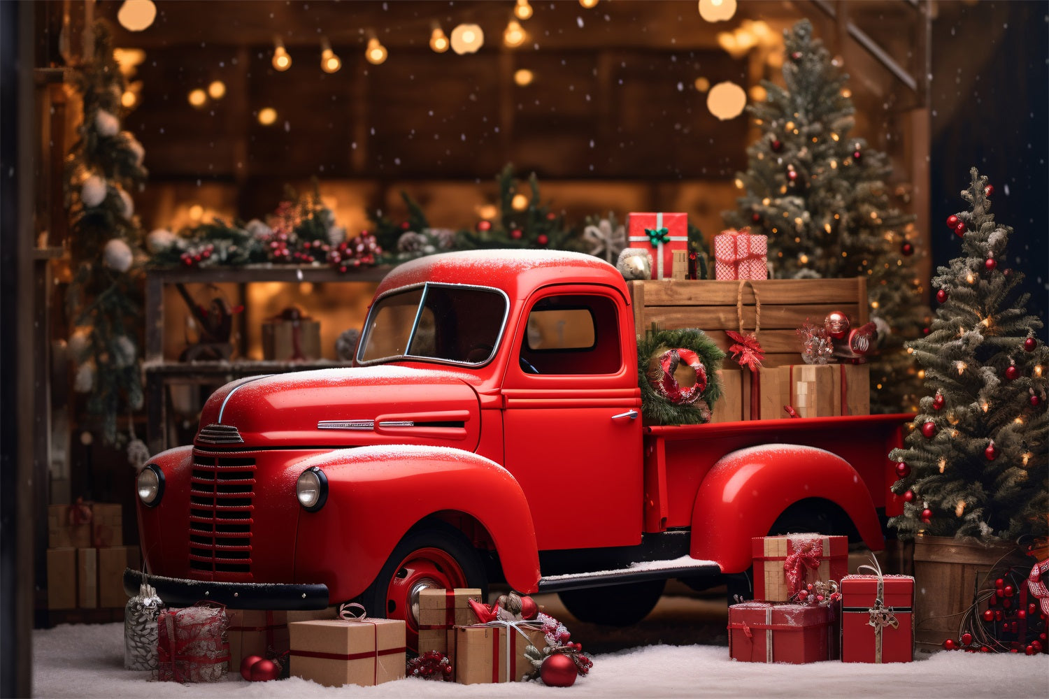 Weihnachtlicher roter Lastwagen im Winterwunderland Hintergrund RR8-249