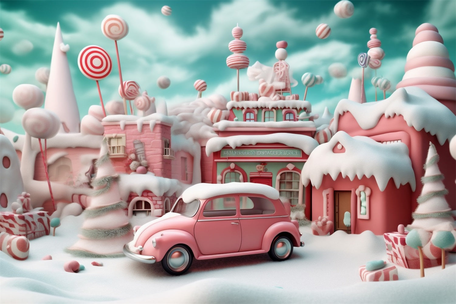 Weihnachtliches rosa Candy Village mit Auto RR8-251