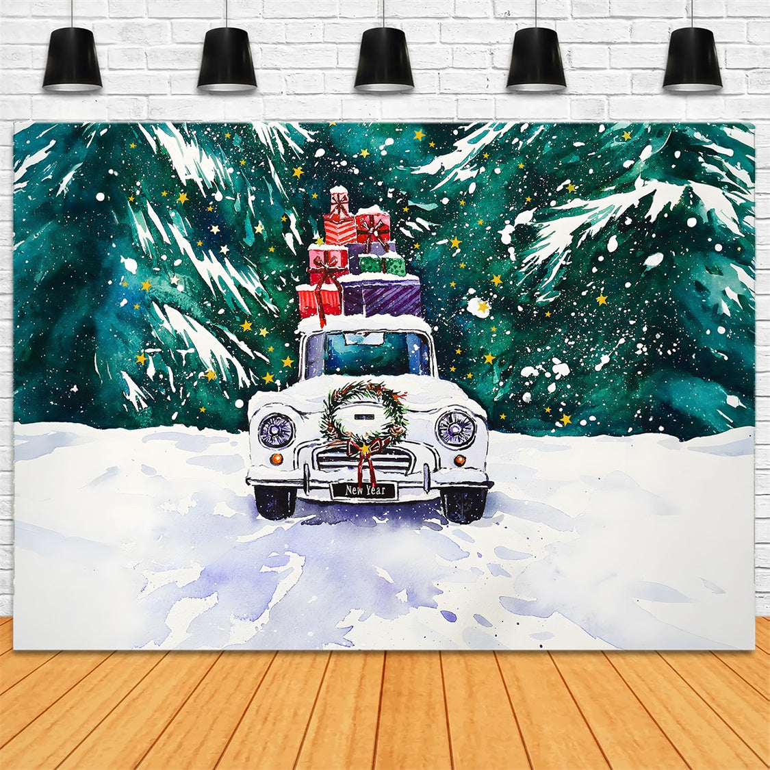 Weihnachts-Aquarell-Auto mit Geschenken Backdrop RR8-254