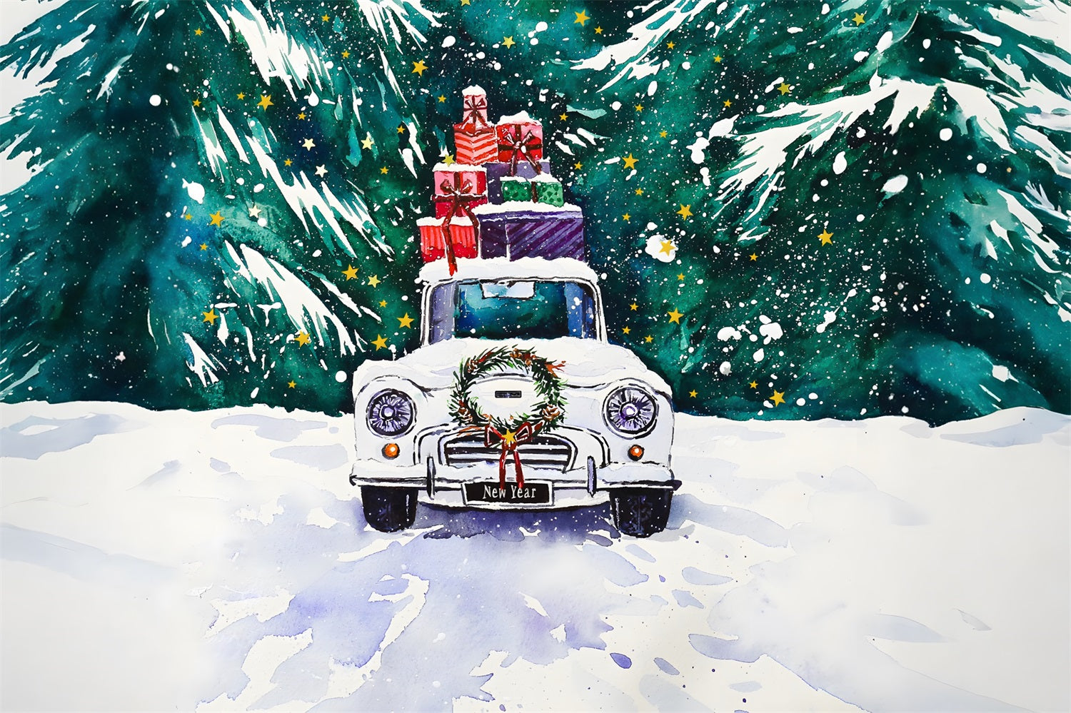 Weihnachts-Aquarell-Auto mit Geschenken Backdrop RR8-254