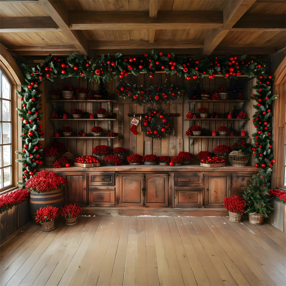 Weihnachten Rustikale Hütte mit roten Beeren Hintergrund RR8-258