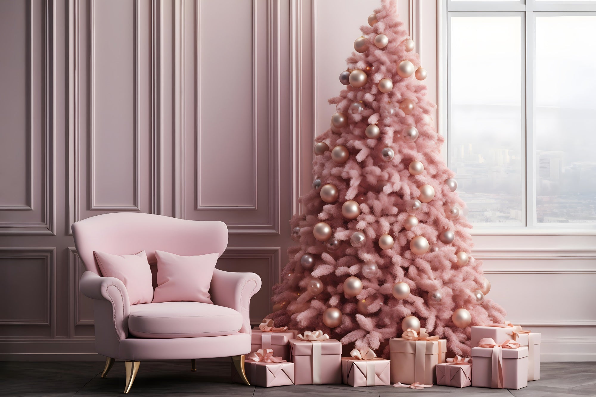 Weihnachten Rosa Elegantes Wohnzimmer Baum Hintergrund RR8-263