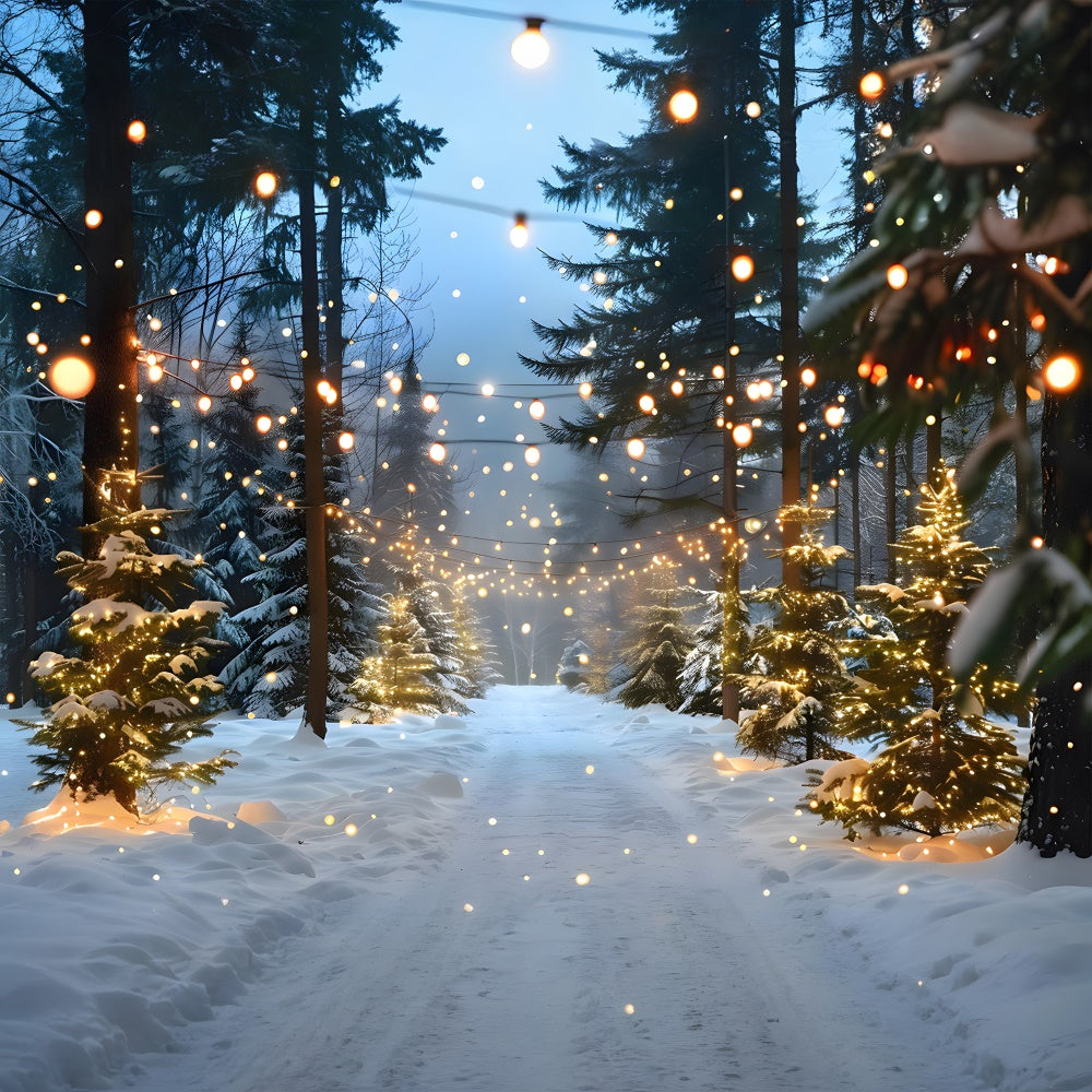 Weihnachtlich verschneiter Wald Lichterkette Hintergrund RR8-31