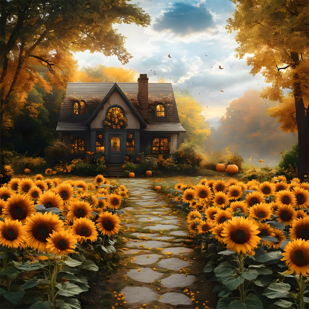 Herbst-Sonnenblumen Holzhaus Hintergrund RR8-312