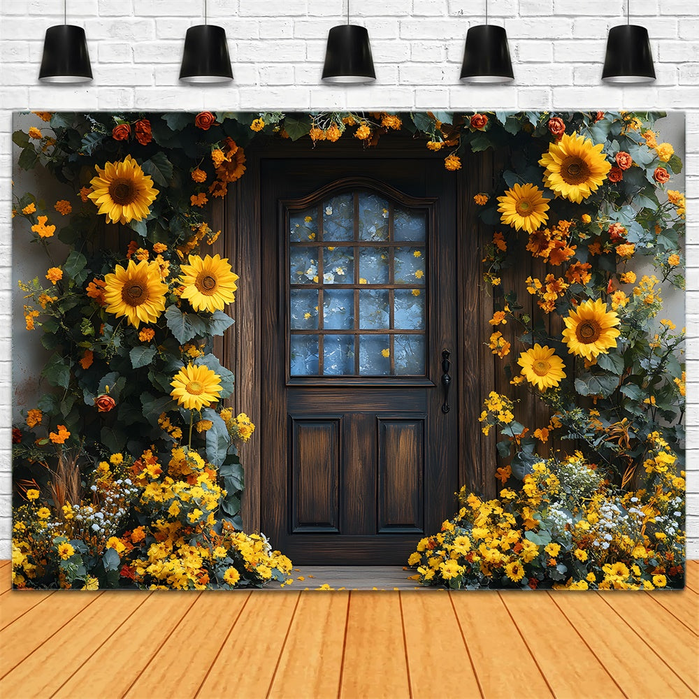 Sonnenblumen Kranz geschmückte Tür Herbst Hintergrund RR8-315
