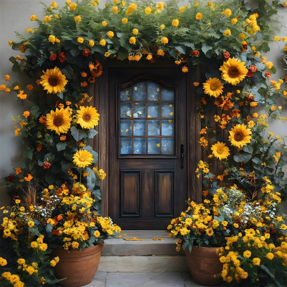 Sonnenblumen Kranz geschmückte Tür Herbst Hintergrund RR8-315
