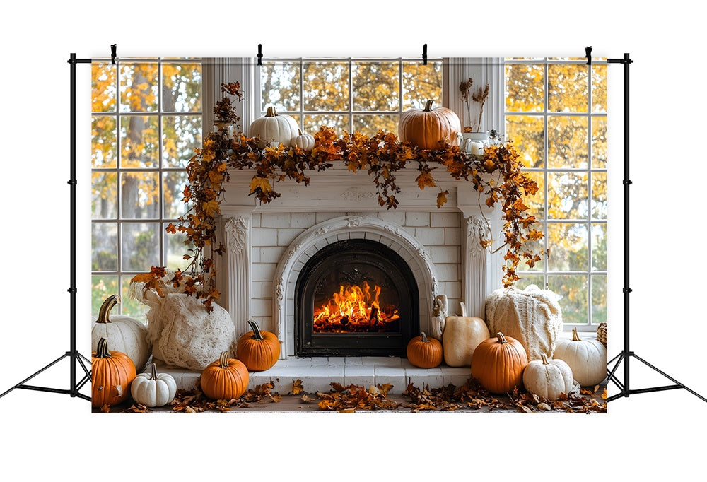 Herbstkürbisse brennende Kamin Hintergrund RR8-319
