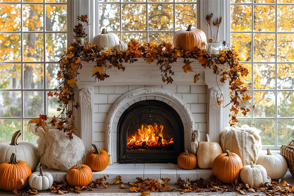 Herbstkürbisse brennende Kamin Hintergrund RR8-319