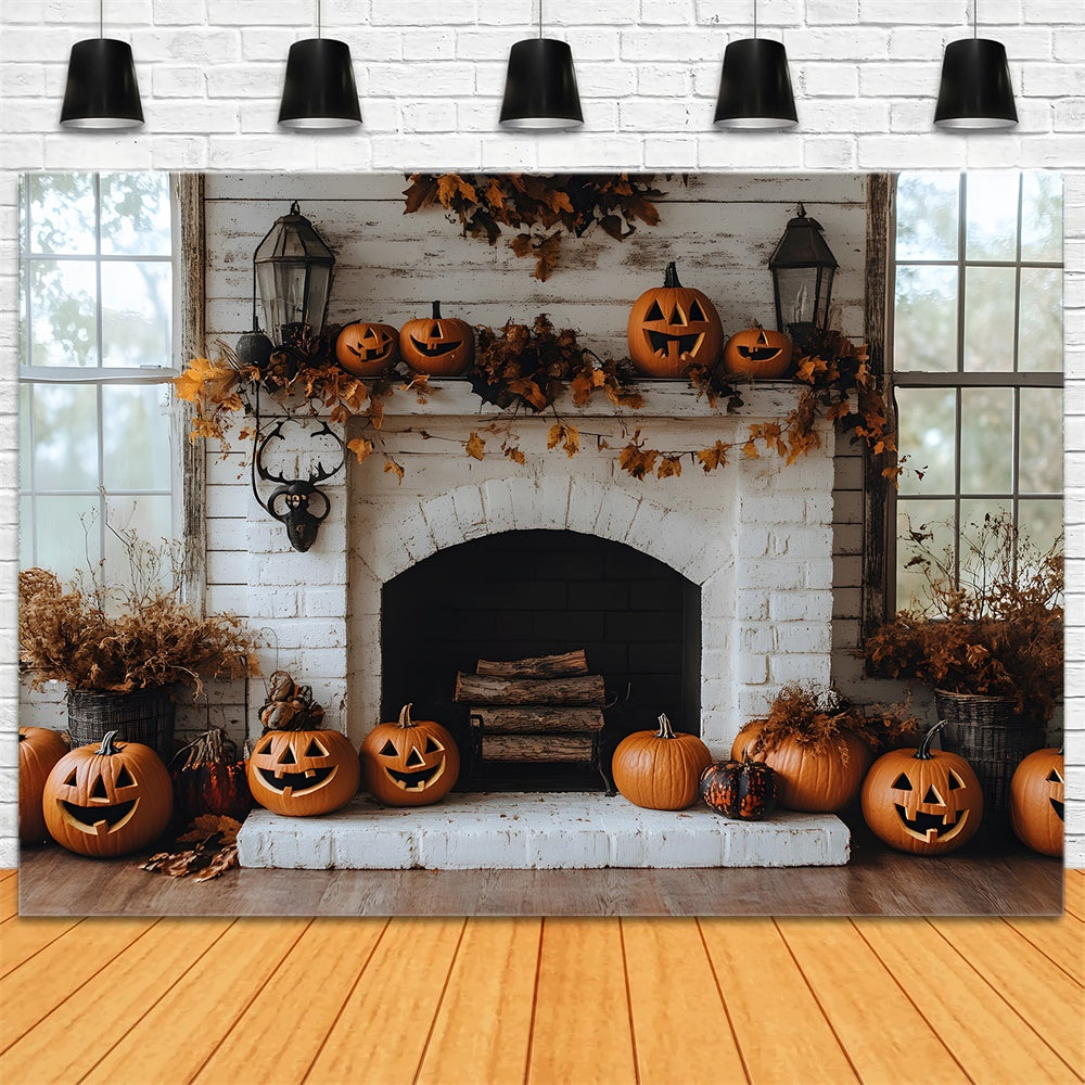 Herbst Backstein Kamin Kürbisse Hintergrund RR8-322