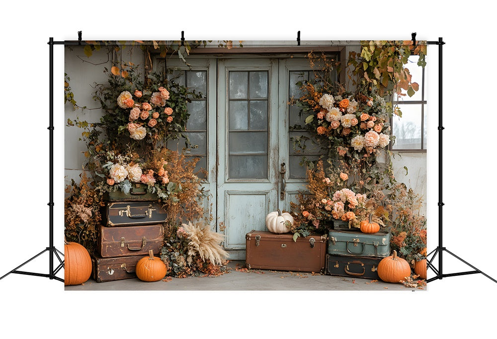 Herbst getrocknete Blätter Blumen Kürbis Tür Hintergrund RR8-325