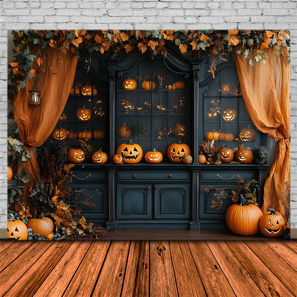 Halloween Innenraum Retro Kabinett Kürbisse Hintergrund RR8-378