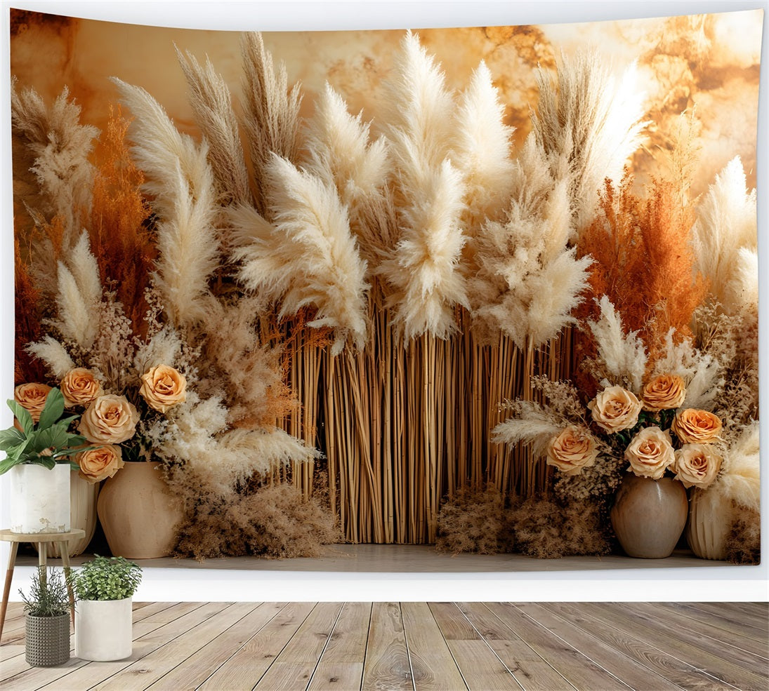 Rustikaler Hintergrund aus Pampas und getrockneten Blumen RR8-491