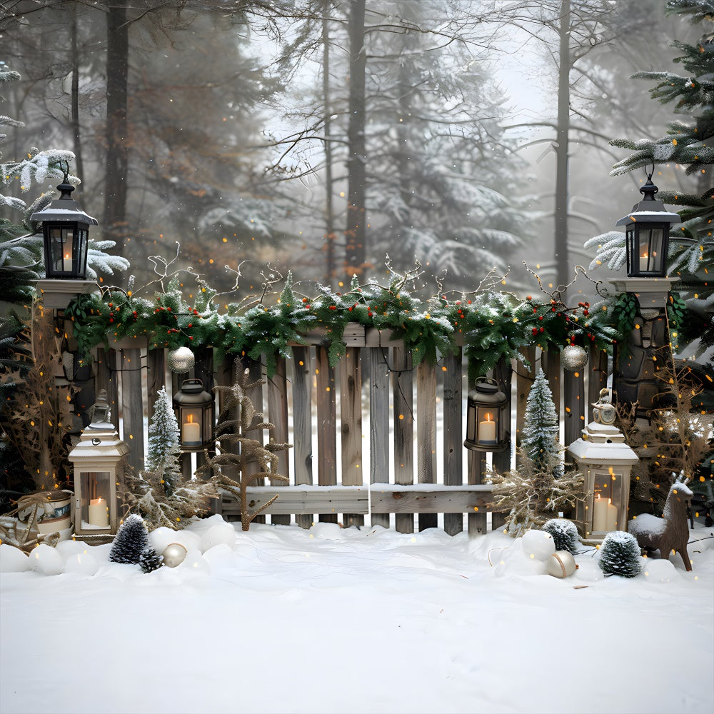 Weihnachtlicher verschneiter Wald Holzzaun Hintergrund RR8-5